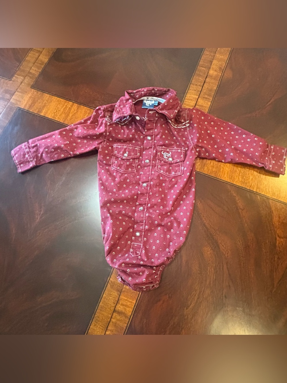 Cowboy Hardware Burgundy Chevron Western Snap Romper Shirt - Size 24M